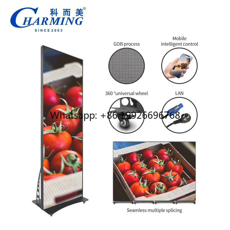 GOB Led Poster Display Screen Moisture-proof WiFi Mobile Intelligent Control With Wheels