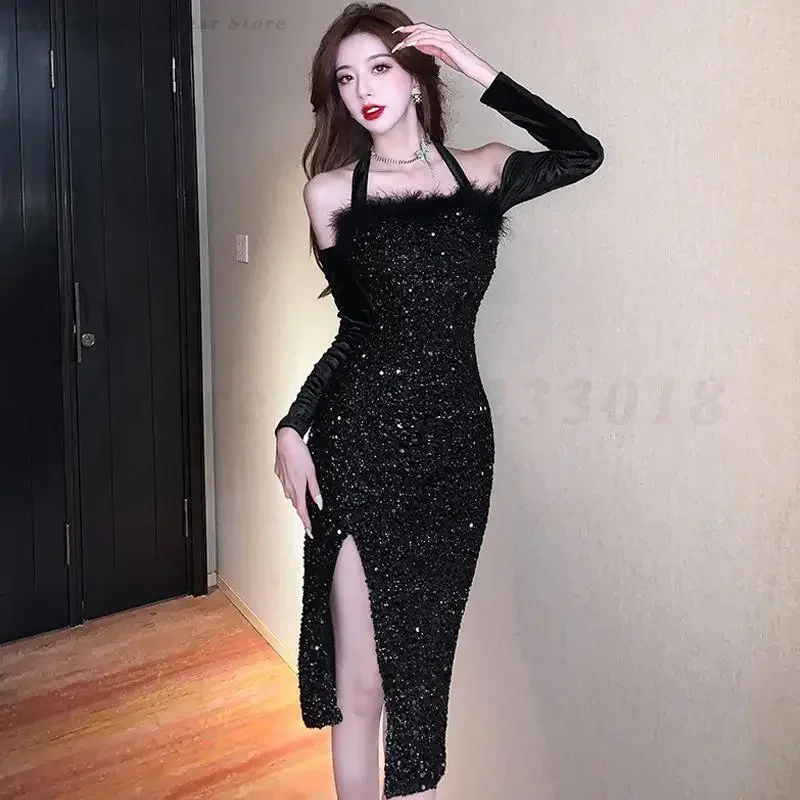 Evening Party Dresses Luxury Sequined Feather Dress Sexy Neck Hanging Slim Cheongsam Grace Temperament Prom Gown Black Qipao
