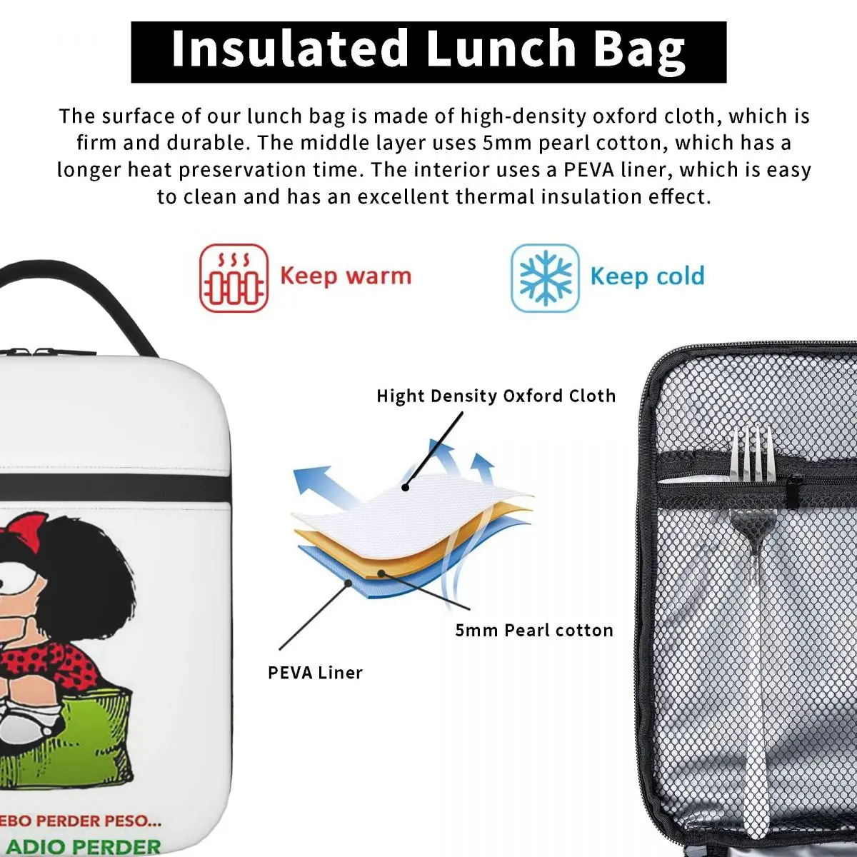 Mafalda Quino Comics Insulated Lunch Bag for Women Kids Portable Food Boxes Thermal Lunch Box Tote