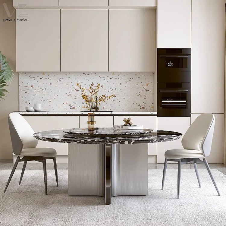 Luxury Kitchen Table Black Steel Base Sintered Stone Marble 4 Chairs Round Dining Table Set With Rotating Centre