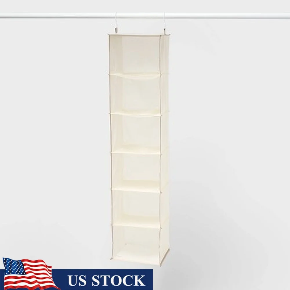 

6 Shelf Hanging Closet Organizer Fabric Storage Solution Easy Hang Hooks Preassembled Neutral Tan Color Ideal Clothes Scarves