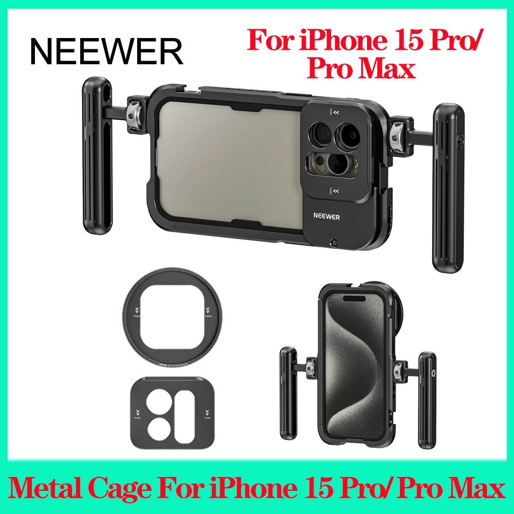 NEEWER PA023 Metalowa klatka do iPhone'a 15 Pro/ Pro Max z podwójnymi uchwytami do telefonu Rig wideo z adapterem filtra 67 mm Obiektyw 17 mm