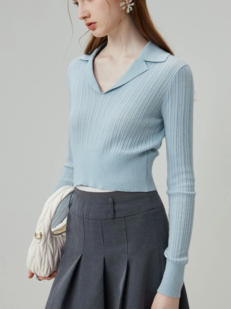 2025 Maglione lavorato a maglia a maniche lunghe per donna Autunno Inverno Donna Colletto polo Pullover Casual Maglioni lavorati a maglia tinta unita Crop Top