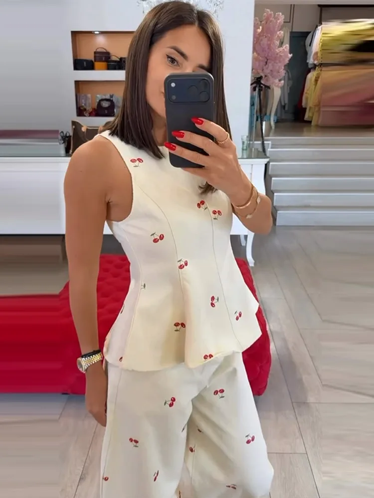 Damen-Hosenanzug 2-teilig Bedruckt O-Ausschnitt Ärmellos Rüschen Slim-Fit Oberteil mit Gebogenen Hosenbeinen Schicke Büro-Damen-Outfits Neu – Detail 10