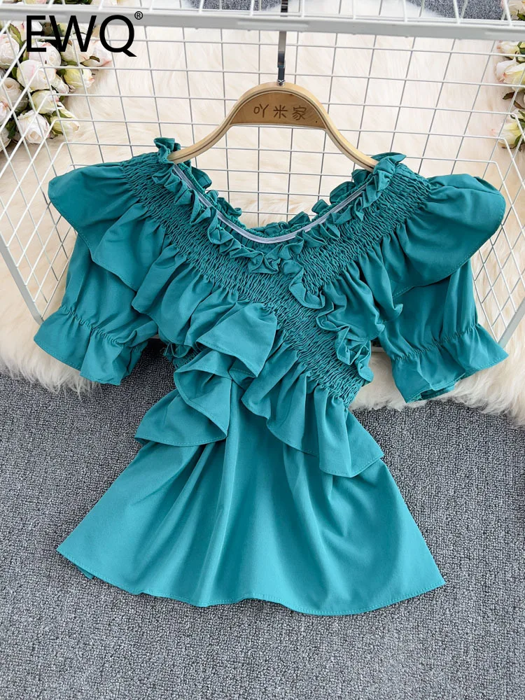 EWQ Sweet Style And Youth Woman Blouses Solid Color Ruffles Patchwork Slash Neck Female Slim Shirt Summer 2023 New 27SN1784