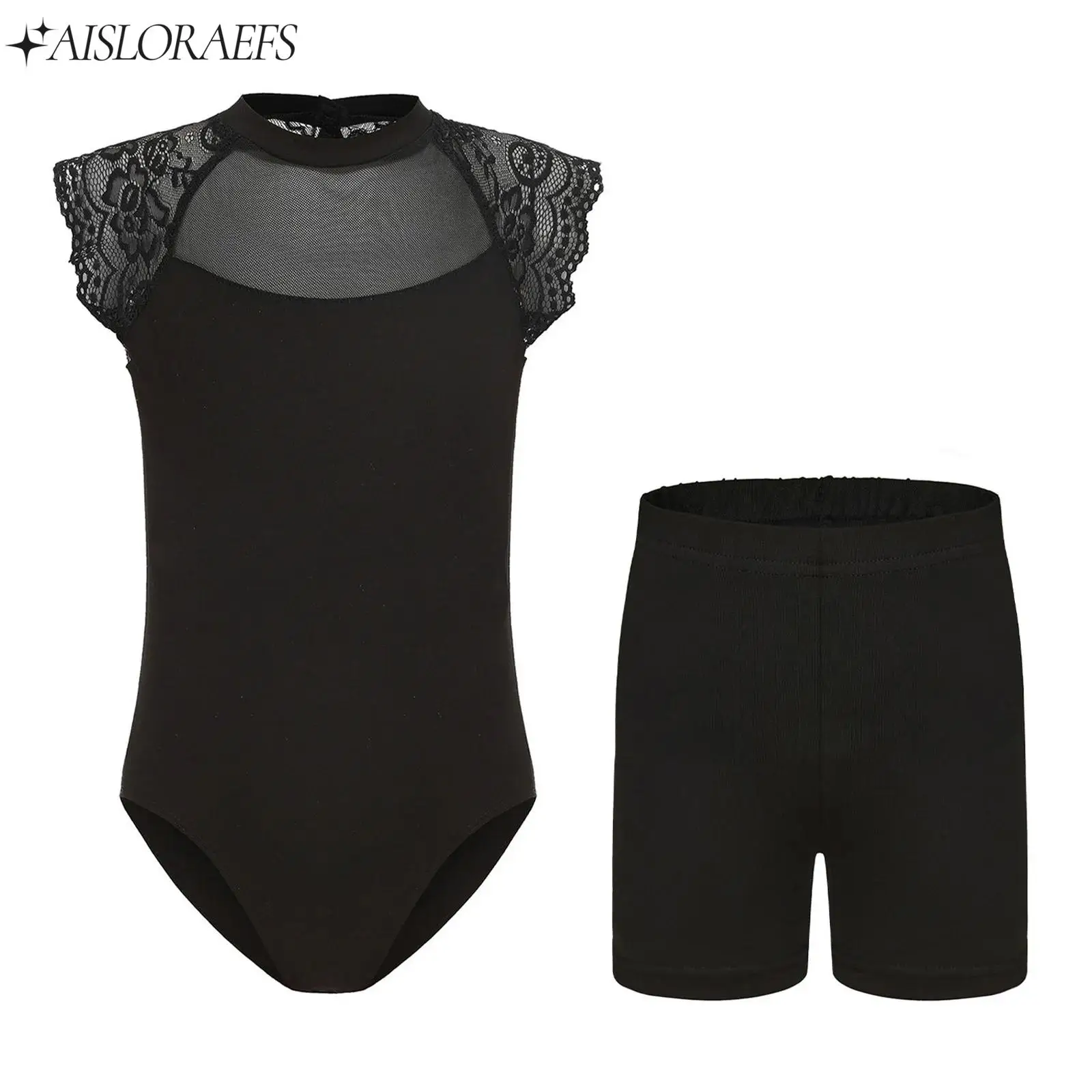 

Kids Girls Rhythmic Ballet Dance Outfit Lace Cap Sleeves Leotard with Elastic Waistband Shorts for Stage Performance Competition