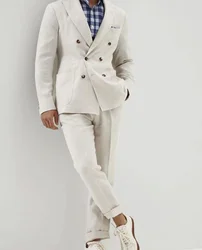 Traje de lino blanco para hombre, novio esmoquin de hecho a medida, Blazer de doble botonadura personalizado para boda, 2 piezas (chaqueta + Pantalones), 2023