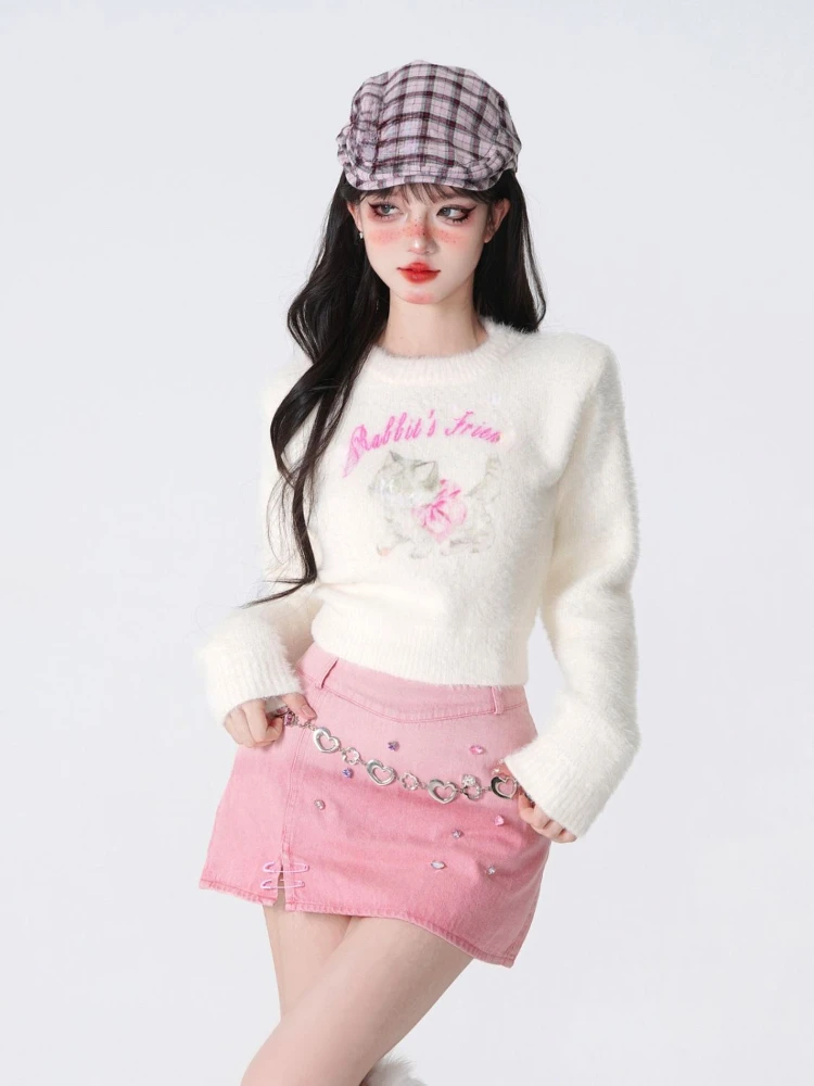 Kawaii Sweet Girl White O-neck Pullover Sweater Women 2024 Spring Long-sleeved Short Knitted Pullover Fashion Female Clothes