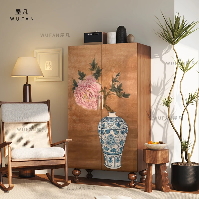 

New Chinese classical solid wood wardrobe bedroom bedside hanging wardrobe living room decorative storage cabinet home