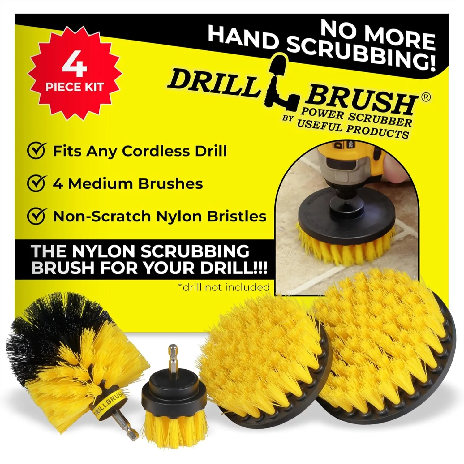 

Nylon Drill Brush Attachment Set for Bathroom Cleaning - Power Scrubber Kit for Tub, Tile, Grout