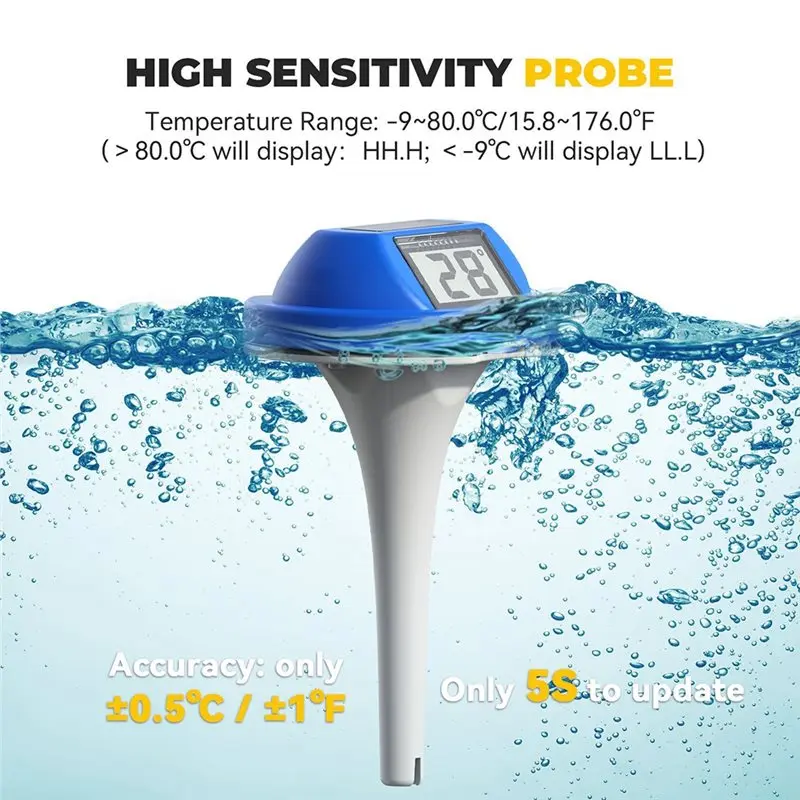 BHTS-Digital Dual-Sided Display Screen For Swimming Pool Thermometer Solar Powered, Floating For Babybath, Spas& Aquarium