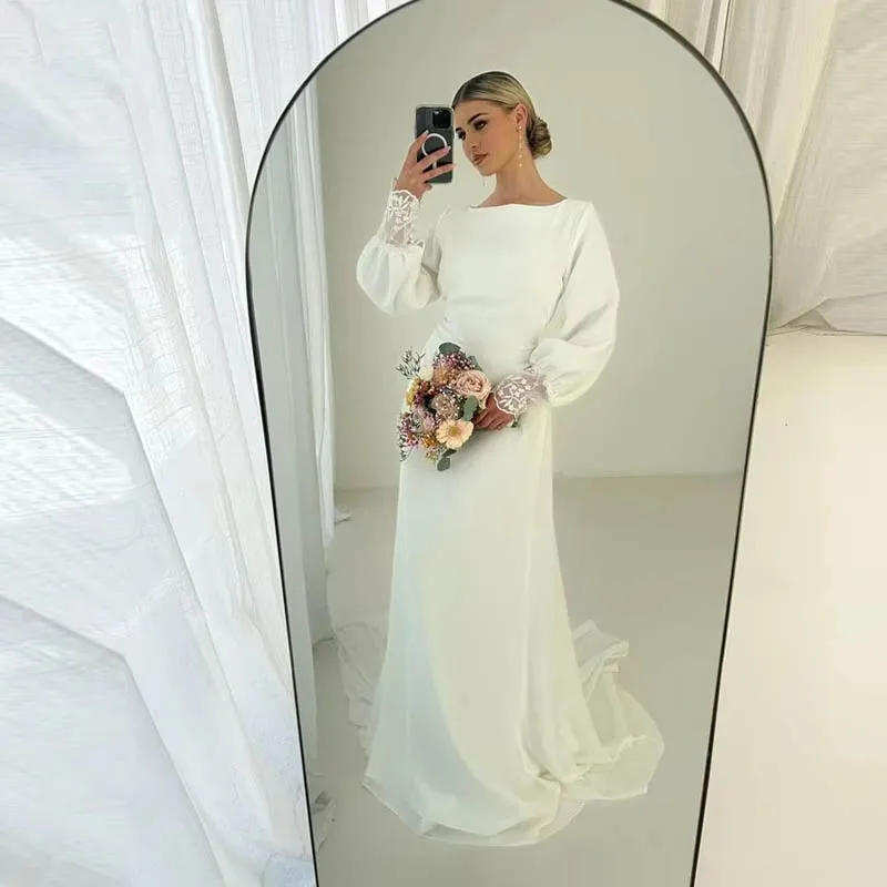 

Simple Wedding Dresses Mermaid Woman's Elegant Satin Bride Gowns Long Sleeve O Neck Formal Vestidos De Noche Customized Mariée