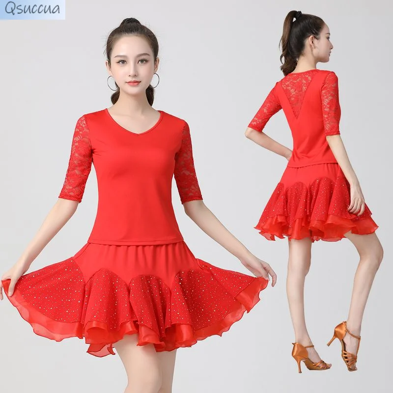 Summer New Latin Dance Mid-Sleeved Lace Suit Square Dance Dance Skirt Modern Dancer Performance Costume