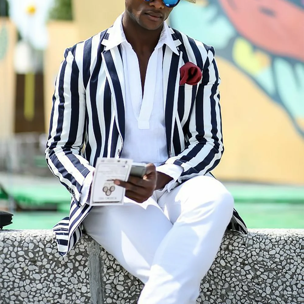 

Customized Men Suits Set Two Piece Stylish Striped Notch Lapel Jacket with White Pants High Quality Casual Party Daily Outfit