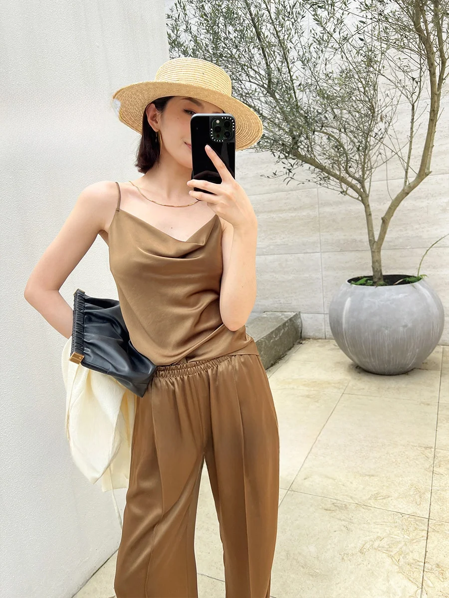 

Amyy Studios Special Offer 7 Acetate Sheen Strap Vest Air Pants Set Summer 2024 Women's Fashion Set Long Pants Two-Piece Suit