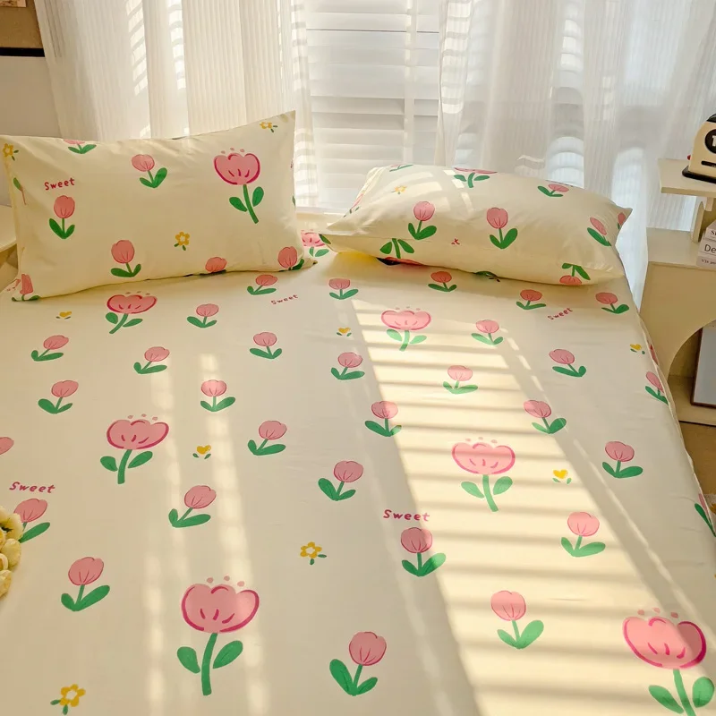 Pink Tulips Bed Skirt Queen Size,Flowers Leaves Botanical Bedskirt 3pcs Bedroom Decor ,Florals Plants Romantic Bed Wrap Bedding