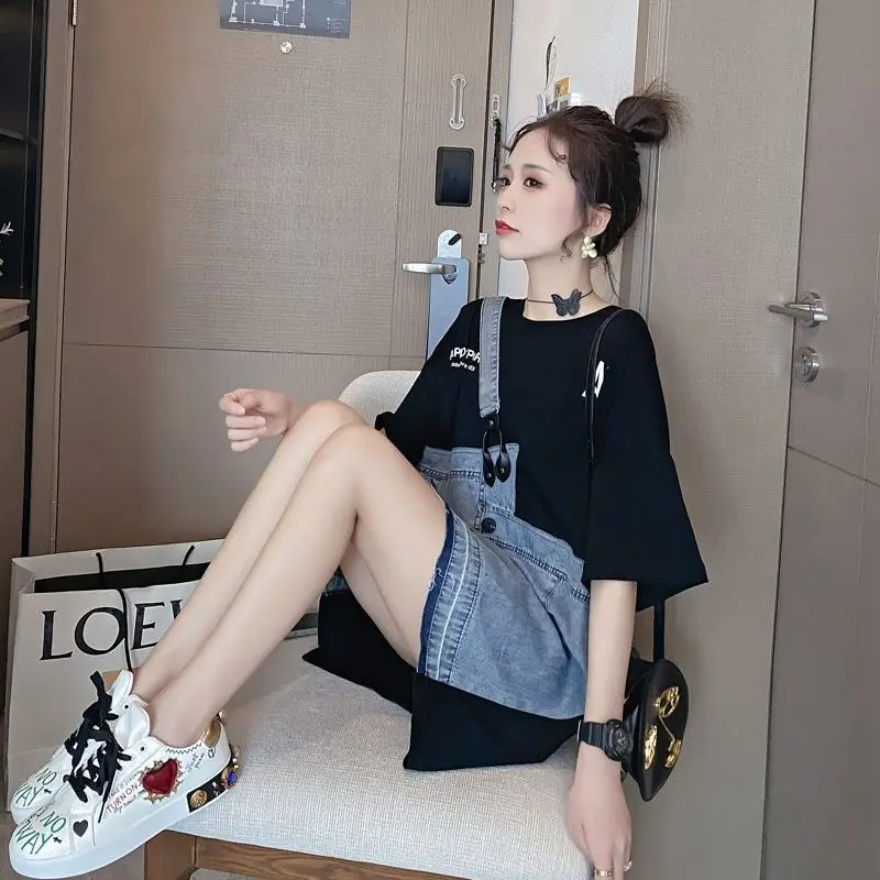 Fashion Patchwork Denim Fake Two Pieces Oversized T Shirt Female Clothing Summer New Loose Korean Batwing Sleeve Casual Dresses