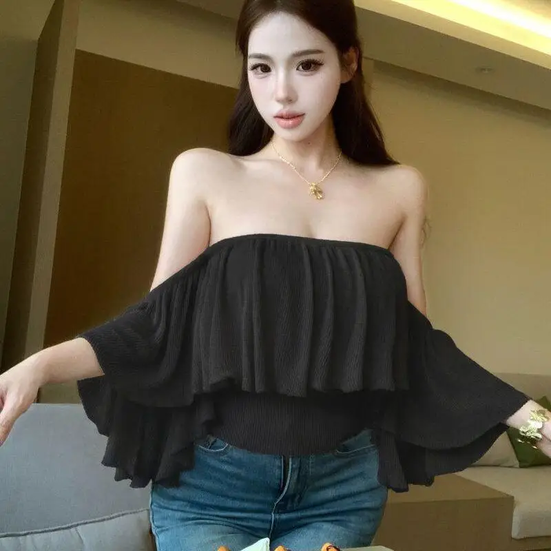 Girl Summer Short Sleeves Boat Neck Knitted Top Pure Desire Style Ruffle Tube Top Sweet Cute Sexy Splice Knitwear Girl's Gift