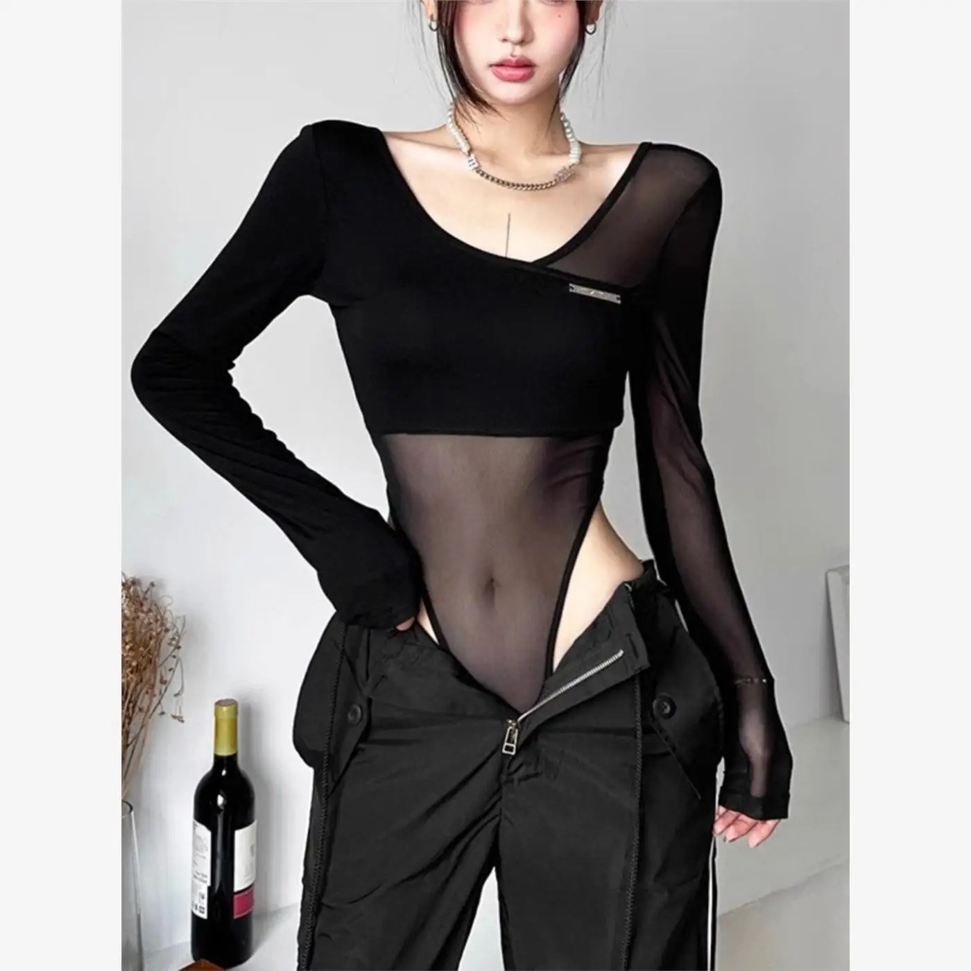 

Сексуальный цельный костюм с сетчатыми вставками, длинные рукава, облегающий дизайн, уличный стиль, средняя талия, брюки