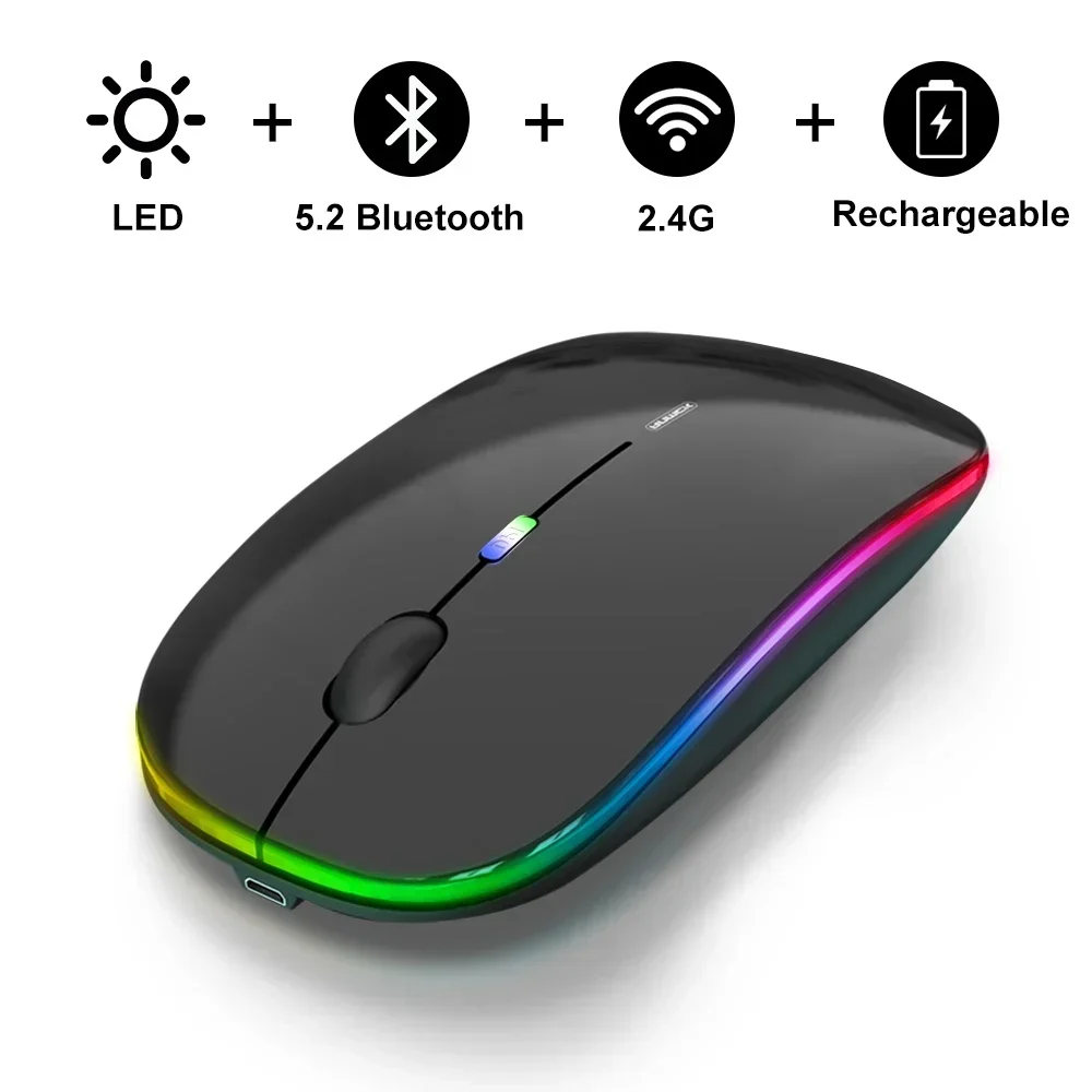 Mini Mouse sem fio com retroiluminação RGB, Mouse Bluetooth para Computador, Ratos recarregáveis para Gamer Desktop e Laptop, Magic Mouse, 2.4G, USB