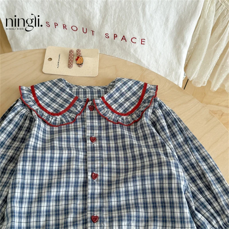 

Girls' Clothing Bubble Long Sleeve Shirt Autumn New Style Toddler Chic Doll Collar Plaid Children's Shirt
