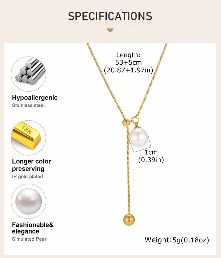 Perlen-Lariat-Halskette für Damen, vergoldete Edelstahl-Y-Halskette mit verstellbarer Schiebekette und Perlenanhänger, zarter Schmuck – Detail 2