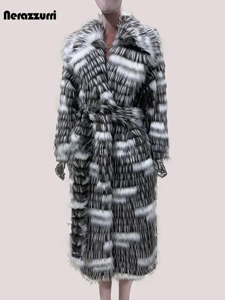 Nerazzurri Autumn Winter Long Thick Warm Colorful Multicolored Shaggy Faux Fox Fur Coat Women Sashes Luxury Furry Overcoat 2025
