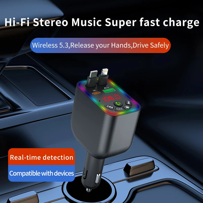 Car MP3 Player Hi-Fi Stereo Music Player Wireless Hands Free Call Car Fast Charger Retractable Cables For iPhone Xiaomi Huawei