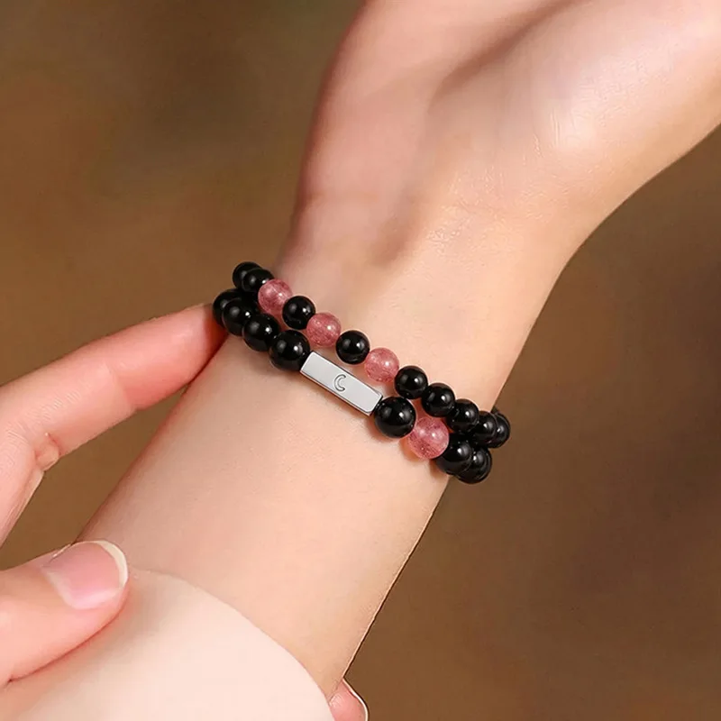 Chinese Style Lucky Natural Obsidian Sun Moon Double Layer Couple Bracelet Strawberry Quartz Cat Eye Stone Handmade Beaded Fortu view 3