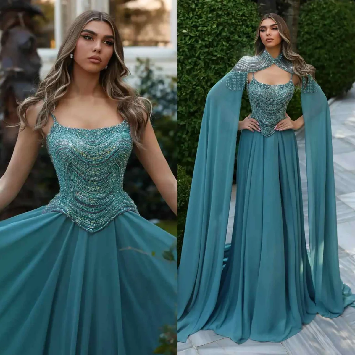 

Stunning Beadeds A Line Evening Dresses Detachable Cape Floor Length Prom Gowns Sequins Formal Occasion Customized Dresses