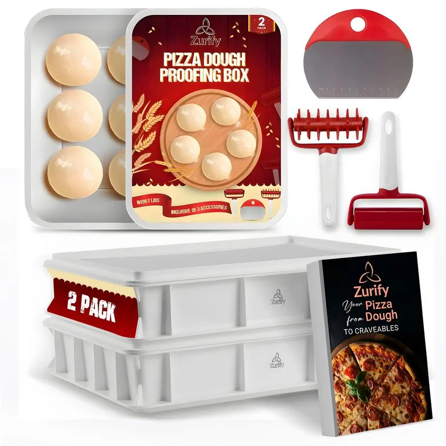 

Pizza Dough Proofing Box Gift Set with Lids 2 Pack inclusive of Dough Cutter, Roller, Docker and Recipe Ebook Ideal as Dough Box