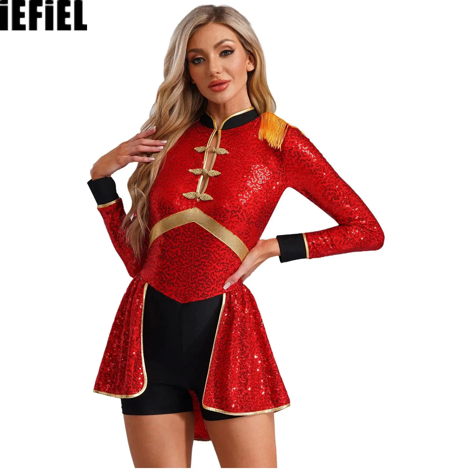 

Women Sequins Magician Bodysuit Ringmaster Circus Drummer Cosplay Costume Long Sleeve Fringe Epaulet Halloween Carnival Bodysuit