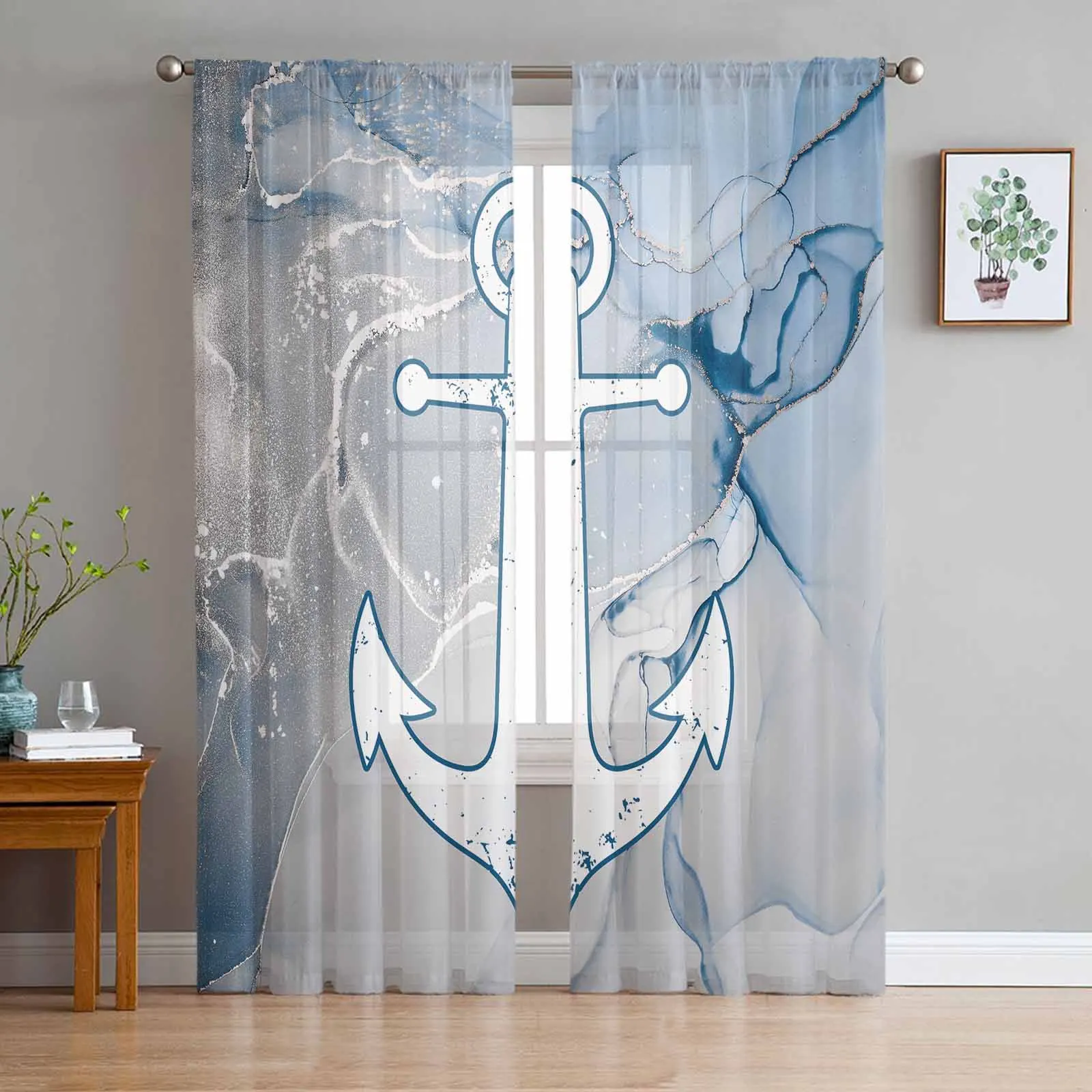 

Retro Abstract Paint Boat Anchor Pink Blue Fluid Art Sheer Curtains for Bedroom Living Room Voile Window Curtains Tulle Drapes