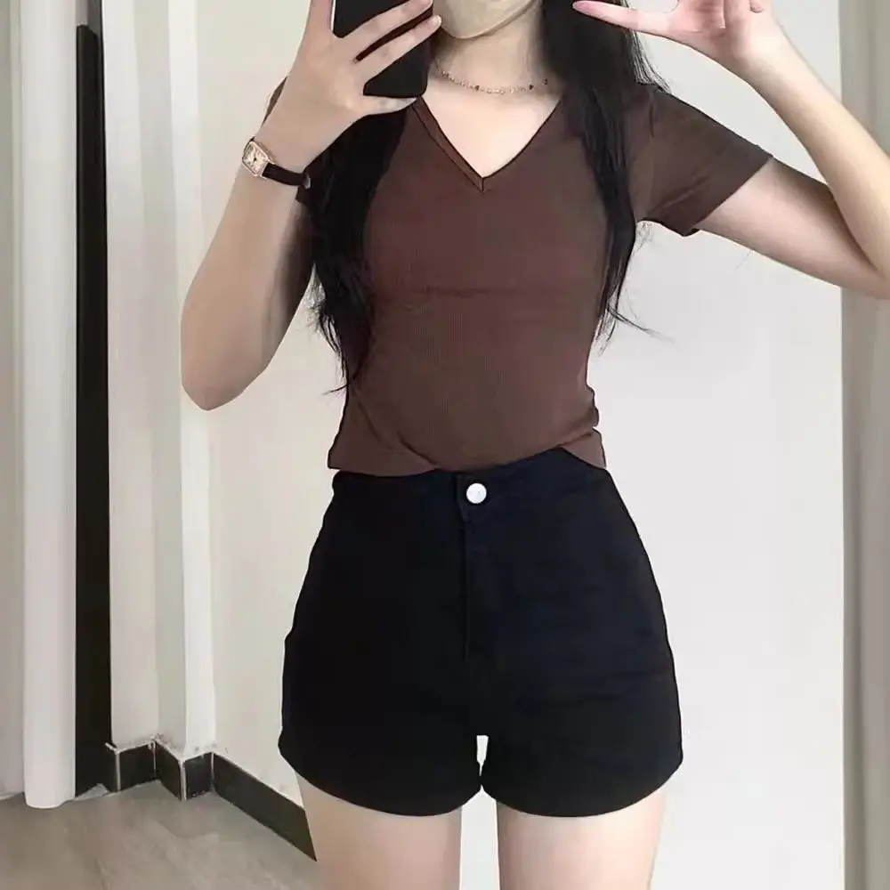 Pantalones cortos ajustados elásticos de cintura alta para mujer, pantalones cortos de calle informales versátiles, Color puro, moda coreana Y2K, Verano
