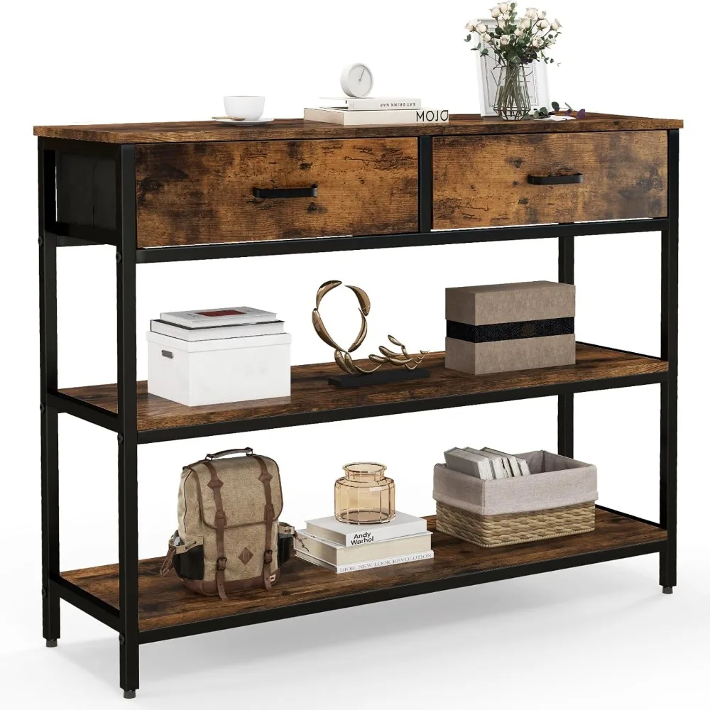 

Industrial Console Table with 2 Folding Drawers, Narrow Sofa Table with Metal Frame, Couch Table Behind Sofa, 3-Tier Entryway T