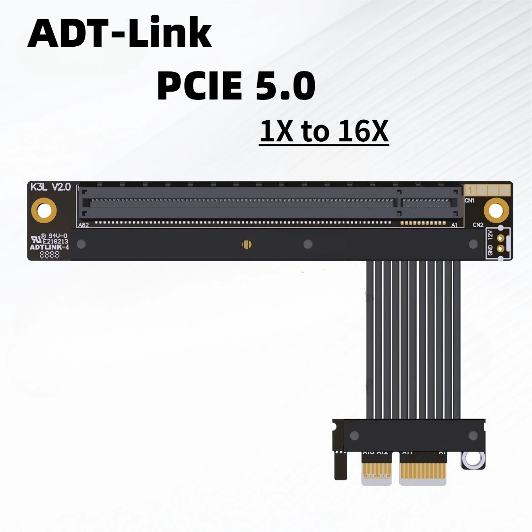ADT-Link PCIE 5.0 x1 to x16 Riser Cable GPU Extension 1X 16X Graphics Video Card RAID SSD LAN AMD Nvidia Gen5 Silver-Plated Wire