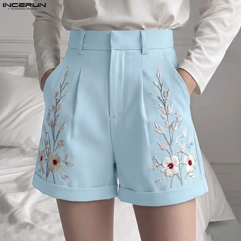 INCERUN Men's Shorts Flower Embroidered Button Pockets Men Bottoms Streetwear 2026 Korean Style Fashion Casual Shorts For Man