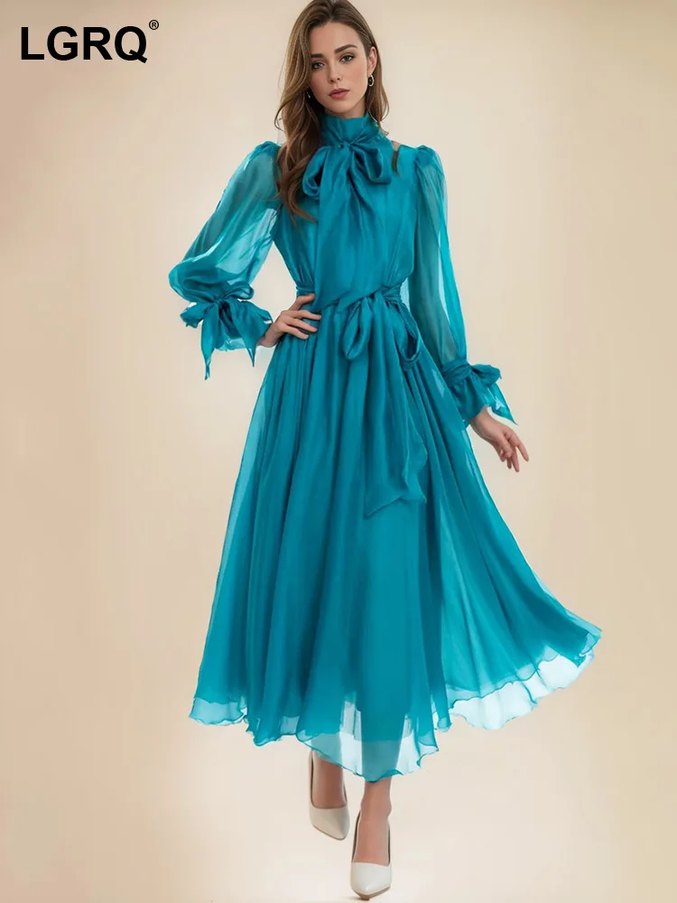 

LGRQ Fashion Chiffon Dress Fashion Stand Collar Flare Sleeve Lace Up Lower Waist Elegant Dresses Female 2024 Autumn New Clothing