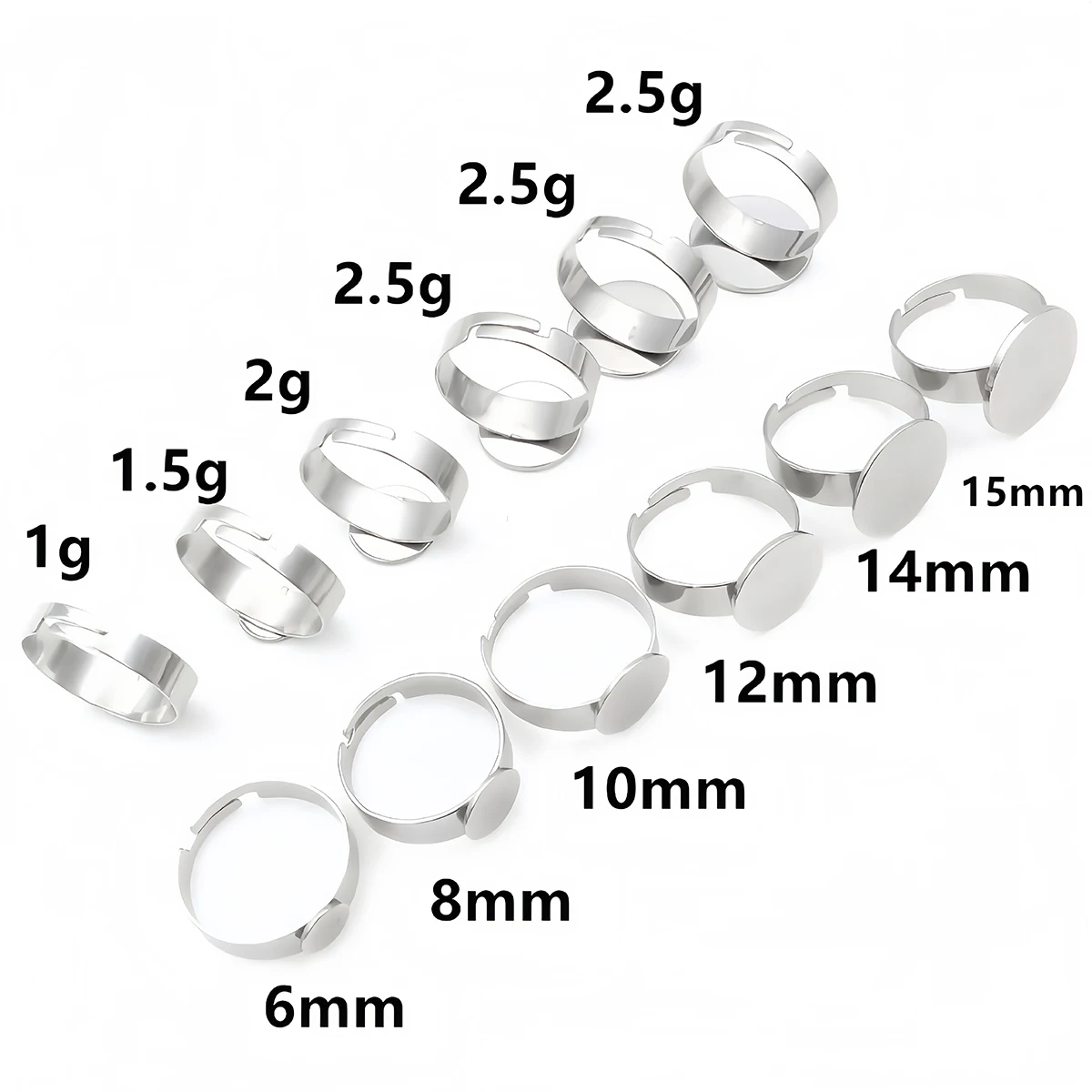 5/10 Stück Edelstahl-Ringfassungen, verstellbare Ringfassung, runde 6/8/10/12/14mm Cabochon-Basis für DIY-Schmuckherstellung – Detail 1