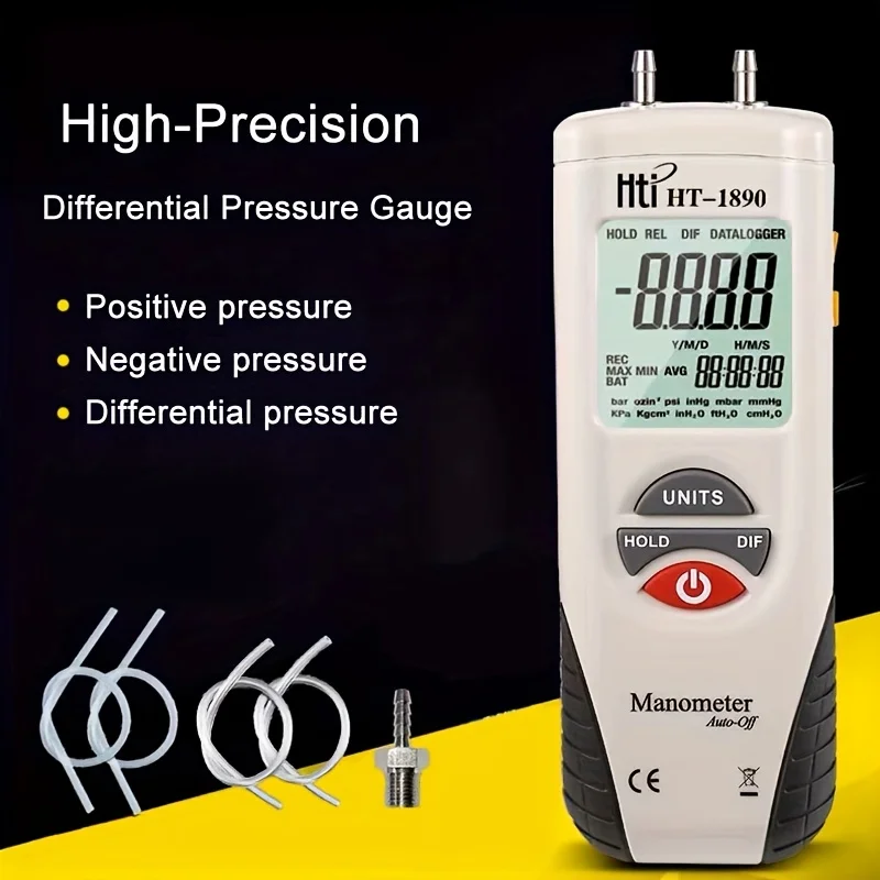 Hti HT-1890 High Precision Digital Manometer, Air And Gas Pressure Tester, Differential Pressure Dual Port Pressure Gauge