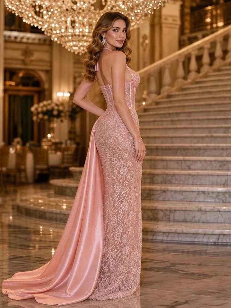 Blush Pink Halter Mermaid Evening Dress Women Lace Beaded Corset Formal Gown Detachable Satin Train Wedding Guest Prom Dress