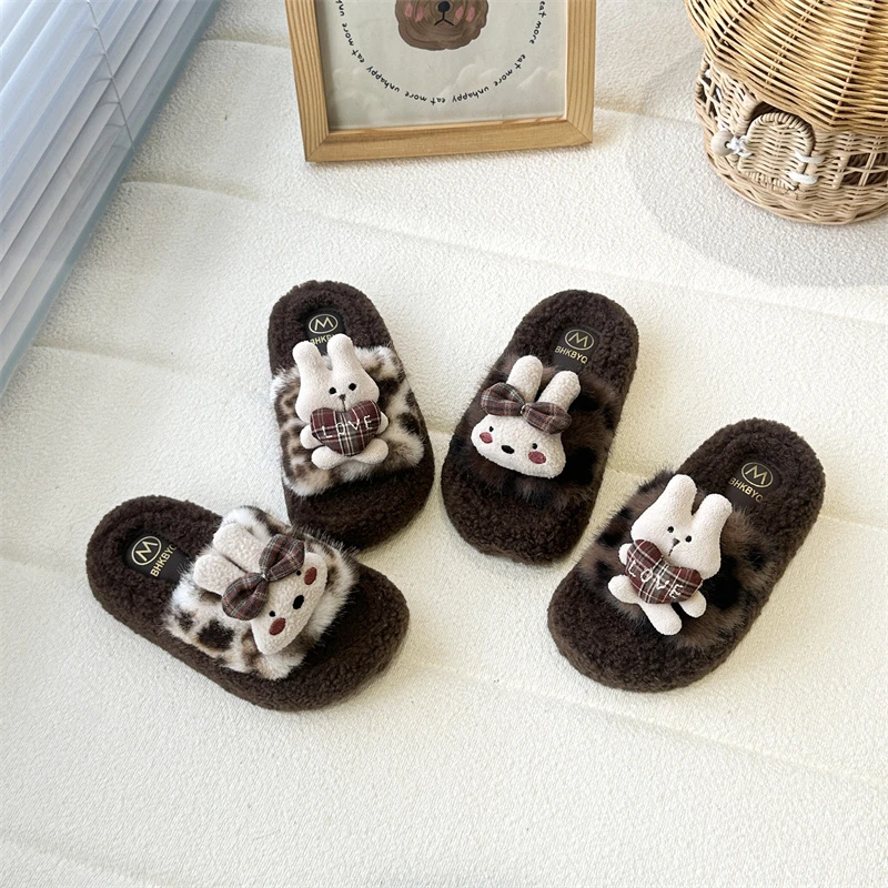 

Хлопковые тапочки для девочек, модная детская зимняя обувь принцессы с рисунком кролика, теплые детские повседневные плюшевые тапочки на платформе с открытым носком
