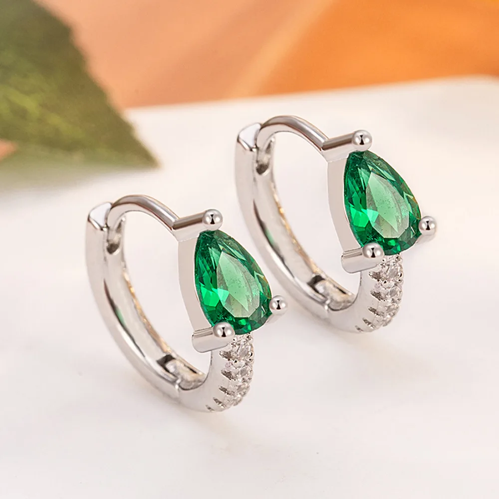 Pear Cut Green Simulated Nano Emerald 925 Sterling Silver Round Ear Buckle Hoop Earring for Women Waterdrop Gemstone Jewelry
