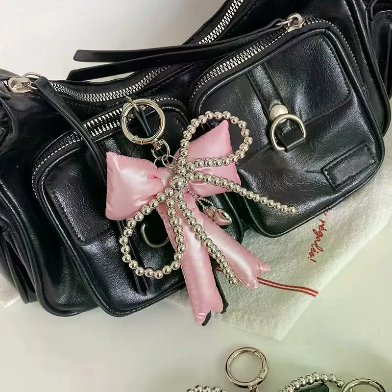 Y2K Bow Bag Charm Beaded Heart Pendant Cute Fashion Keychain Accessory For Handbag Backpack Hanging Decoration Keyrings