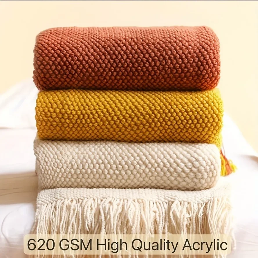 Elegant Knit Throw Blanket Lightweight Cozy with Tassels Bubble Textured Design All-Season Comfort for Couch Bed Home Decor