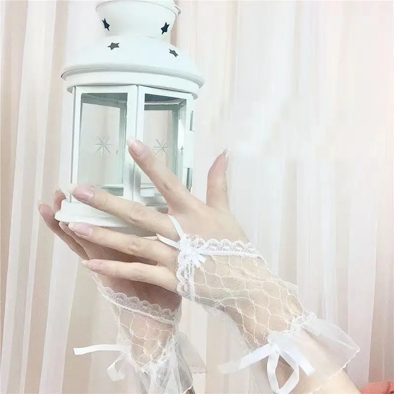 Lolita Lace Gloves Soft Girl Japanese Princess Mesh Lace Fingerless Bow Hand Sleeve Girl COS Four Seasons Universal Gloves