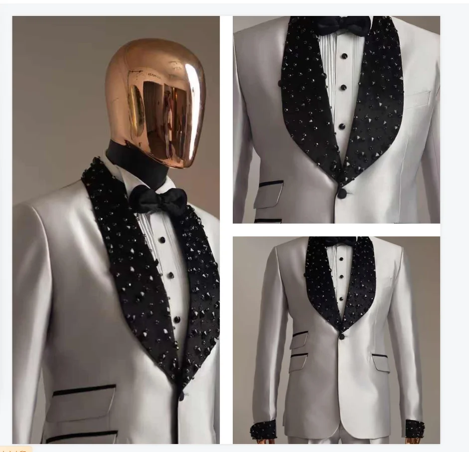 

White Men Suit Set 2 Piece Blazer+Black Pant Trousers Luxury Crystals Customized Formal Office Jacket Groom Wedding Tuxedo Coat