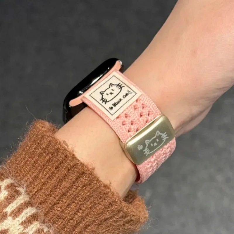 Correa magnética de gato bonito de Corea para Apple Watch Series S10 9 8 7 6 5 SE 38 40 41mm 42mm 44mm 45mm 46mm 49mm correa de nailon para mujer