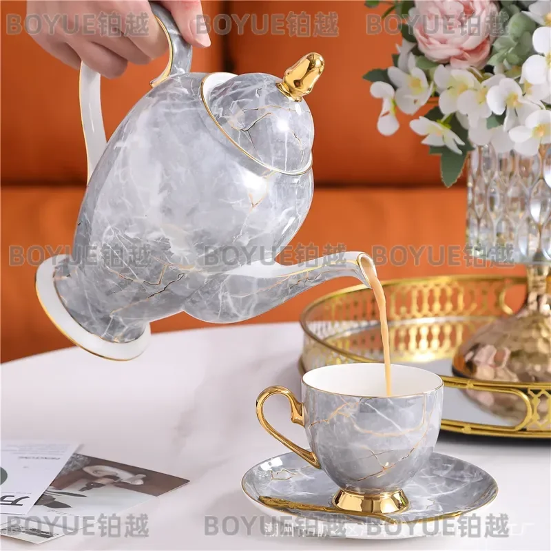 Luxury Bone China Coffee Cup and Saucer Set with Teapot Elegant Afternoon Tea Service Gift Box Premium Porcelain Drinkware view 3