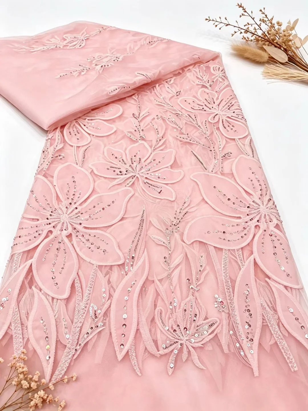 Luxury Orange Floral Lace Fabric, Silver Sequins & Rhinestones, Large Flower Leaf Appliqués, Sheer Tulle Material for Wedding Dr